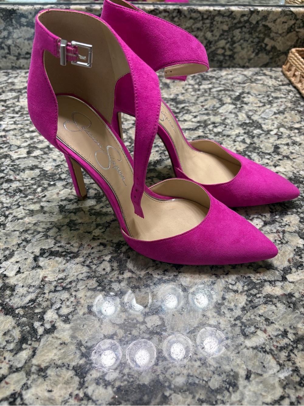 Jessica Simpson Hot Pink Suede Pointed-Toe Ankle-Strap Heels